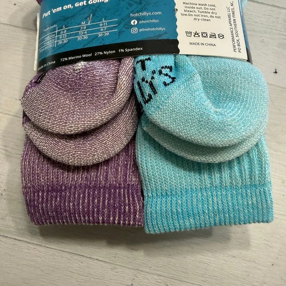 Hot Chilly's Youth Wool Trail Socks‎ 4 Pairs kids' purple aqua NEW